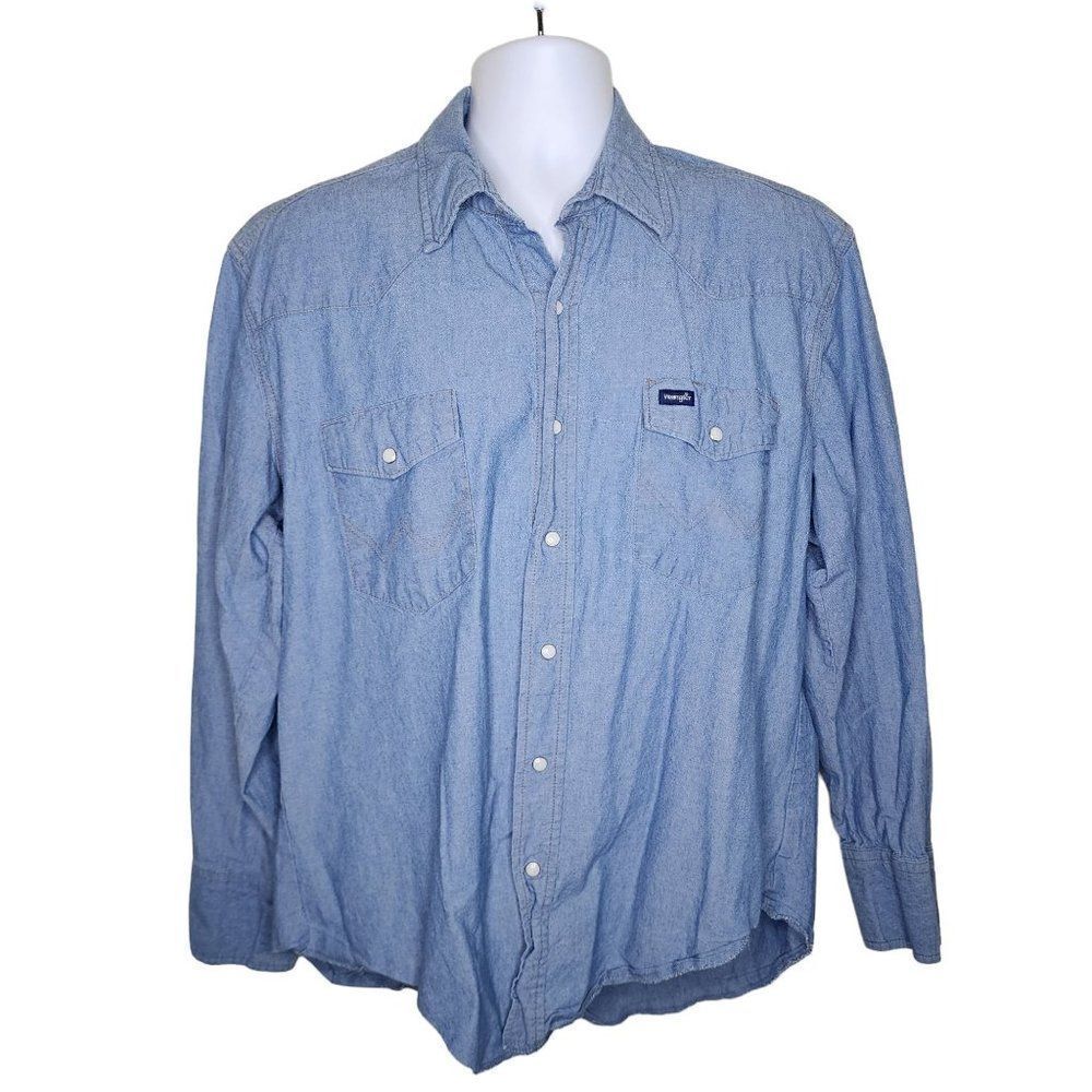 Wrangler Long Sleeve Pearl Snap Western Denim Shirt Mens Size XL Blue Jean